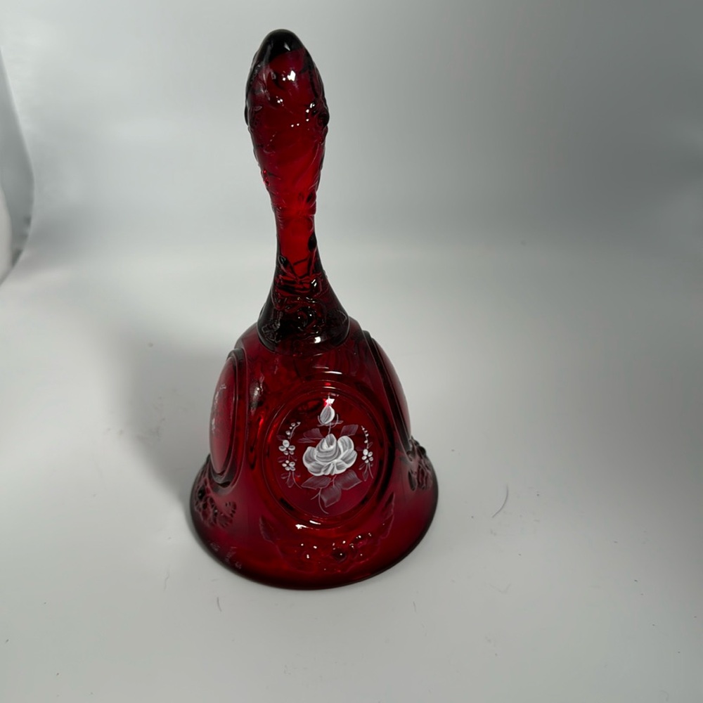Fenton Ruby Red Glass Bell with White Roses